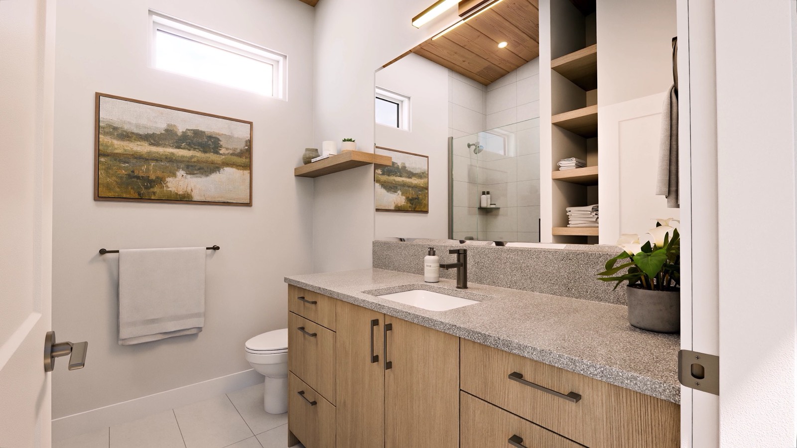 EcoHome bathroom with stone counter and walk-in shower