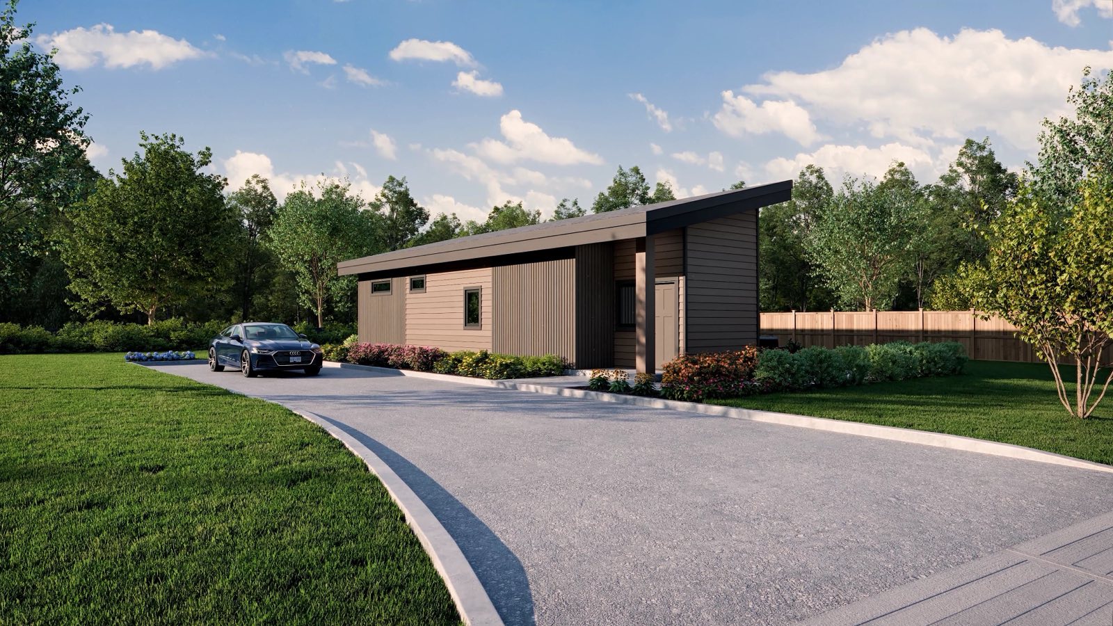 EcoHome custom home exterior seen from the driveway